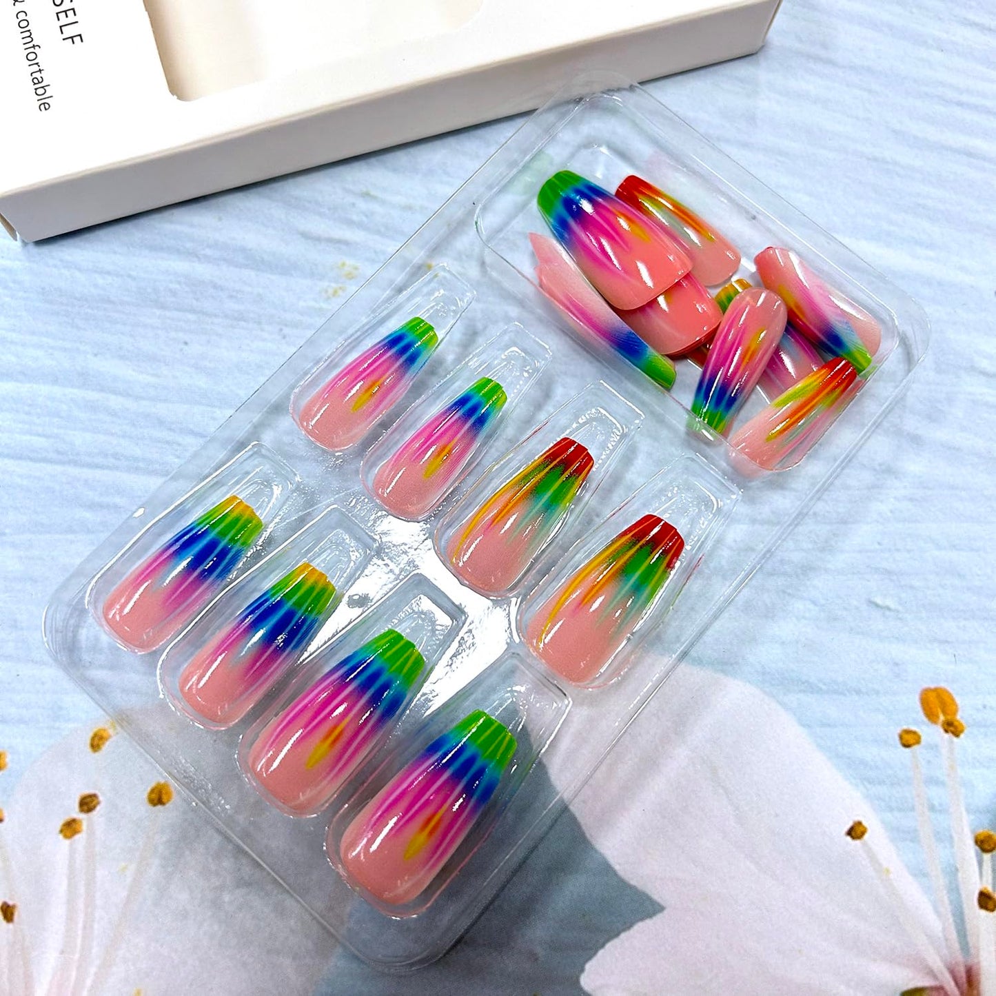 Colorful Stripes Smudge Press on Nails Medium Length Ballet Shaped Full Cover Glossy Nude Pink Acrylic False Nail Ballet Press Ons French Artificial Fingernails DIY Reusable Glue on Nails for Women