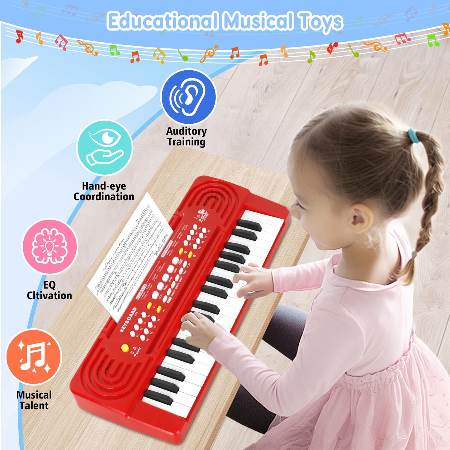Kids Toddler Toy Piano Keyboard - 37 Key Pianos for Kid Music Toys Instruments with Microphone | Explore Creativity, Perfect Birthday for 3-8 Year Old (Red)