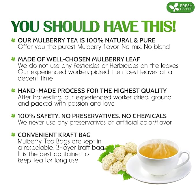 FreshDrinkUS, Premium 120 Mulberry Leaf Tea Bags, 100% Natural & Pure from Mulberry Leaves. Loose Leaf Herbal Tea. Made with Natural Material Tea Bags. No Sugar, No Caffeine, No Gluten, Vegan.