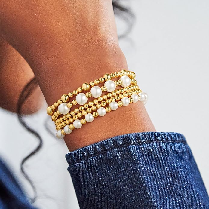 M MOOHAM Gold Beaded Bracelets for Women - 14k Real Gold Plated Beaded Pearl Bracelet Set Stack for Women Trendy Non Tarnisn, Adjustable Stretch Bracelet Jewelry Gifts for Teen Girls Women