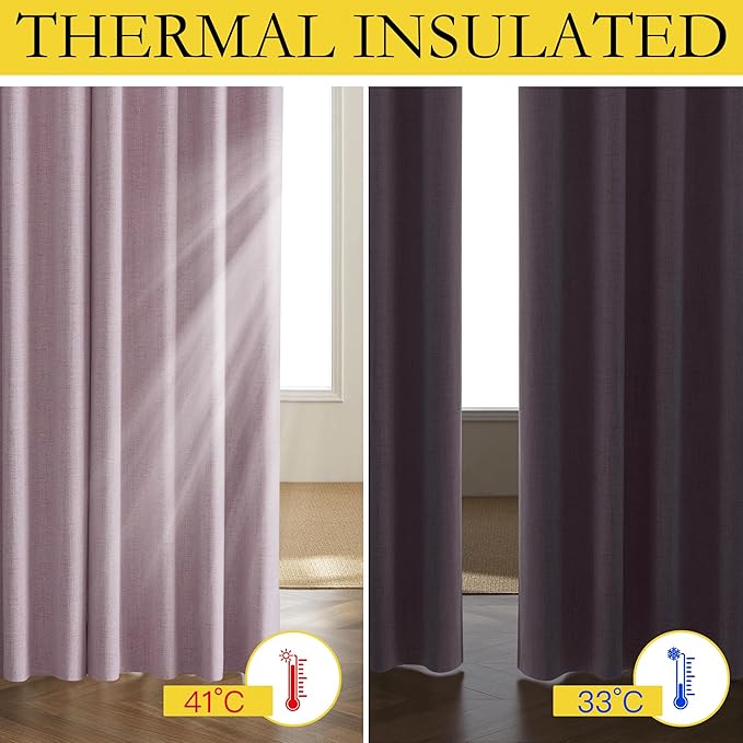 NICETOWN Pink Vintage Linen 100% Blackout Curtains for Living Room, Thermal Insulated Curtains 102“ Long, Noise Reducing Window Treatment Drapes for Home Office, 62" Wide Per Panel, Set of 2