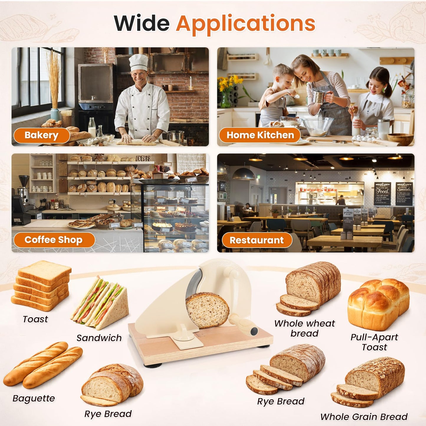 Manual Bread Slicer for Homemade Sourdough Bread, Adjustable Thickness Hand Crank Bread Cutter with Scale Lines, Suction Cup Base, Metal Guide & Sharp Stainless Steel Blade (Cream)