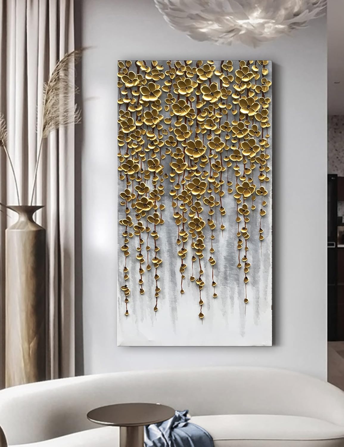 3D Vertical Abstract Canvas Oil Painting Wall Art, 116x57cm Golden Flower Painting Wall Art, Home Living Room Wall Decoration Abstract Painting Art