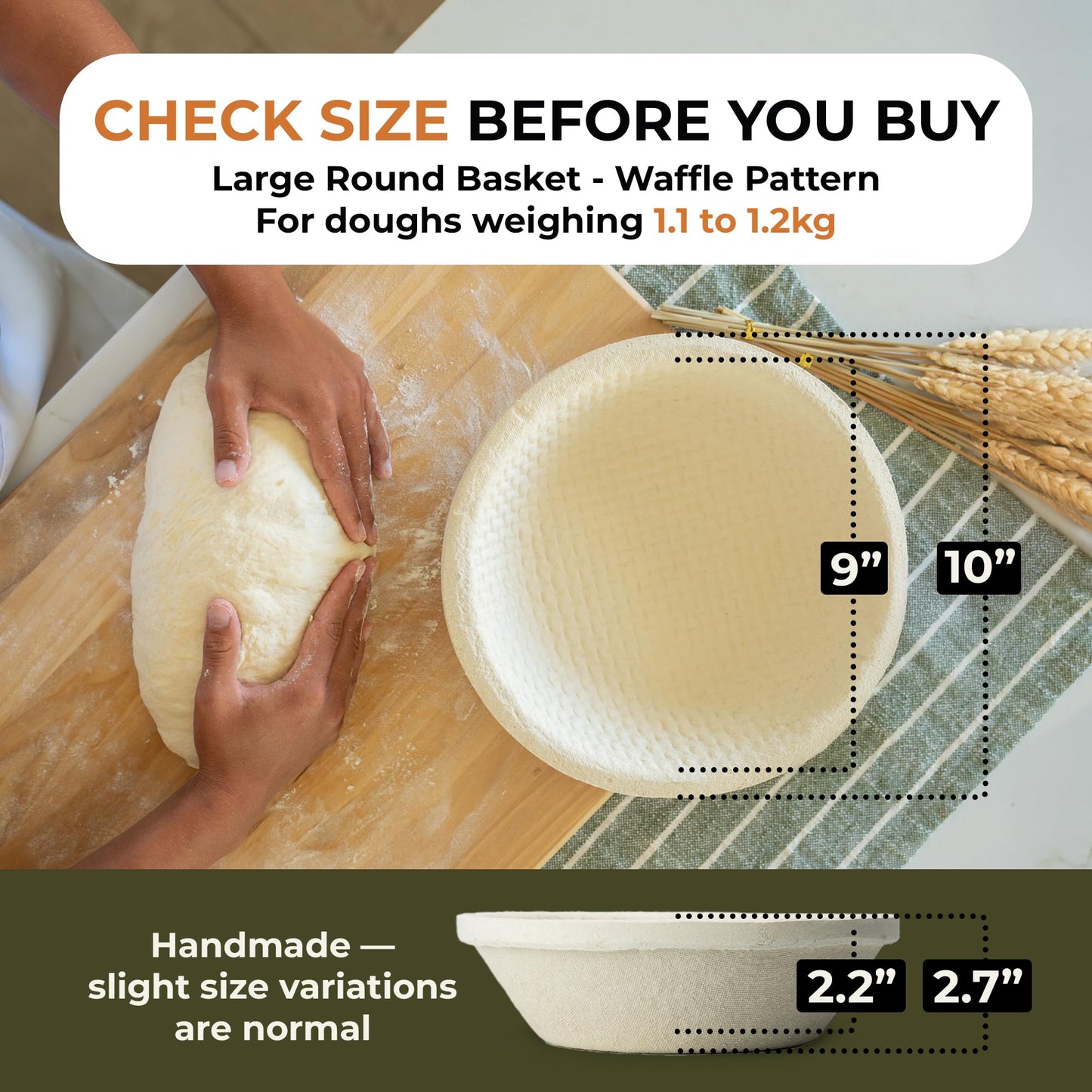 Bulka Large Round 9" 1kg Waffle Banneton Bread Proofing Basket Pressed Wood Pulp, Sourdough Proofing Basket - Non-Stick Brotform Sourdough Bread Baking Supplies, Made in Germany.
