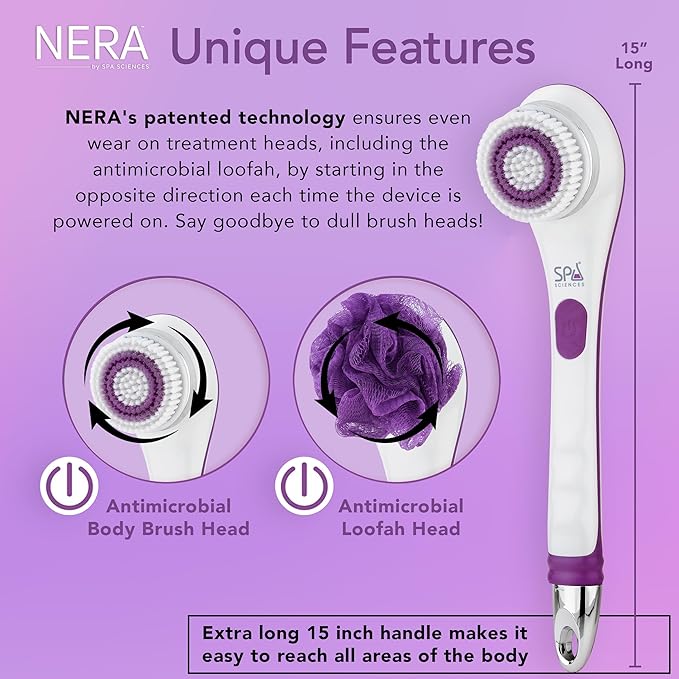 Spa Sciences - NERA - Power Shower Brush - 3-in-1 Multifunction Back & Body Brush - Exfoliation, Cleansing, Massaging - for All Skin Types - Includes Body Brush, Loofah, & Pumice Stone - USB Charging