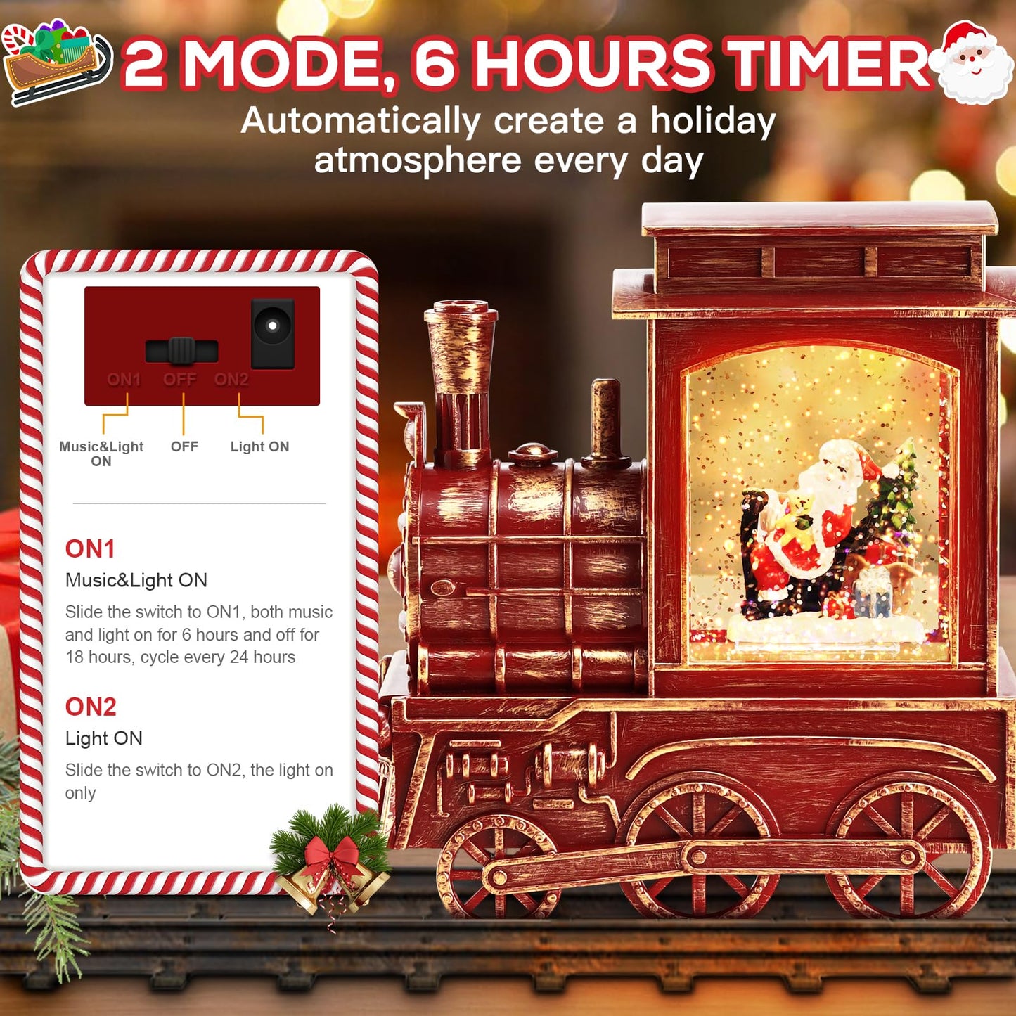IPOW Christmas Santa Globe Lantern Train with Water Swirling Glitter, Musical and Lighted 6 Hours Timer USB Powered & Battery Operated Music Box for Christmas Home Decoration Gift