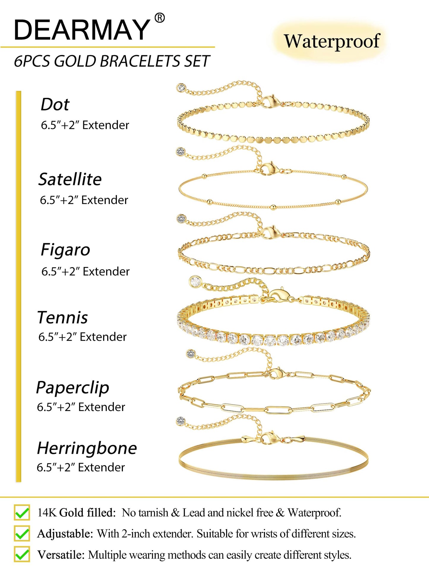 DEARMAY Dainty 14K Gold Plated Bracelets for Women Trendy Waterproof Jewelry Sets Fashion Stackable Rope Box Herringbone Paperclip Chain Link Bracelet Pack Stack Gifts for Womens
