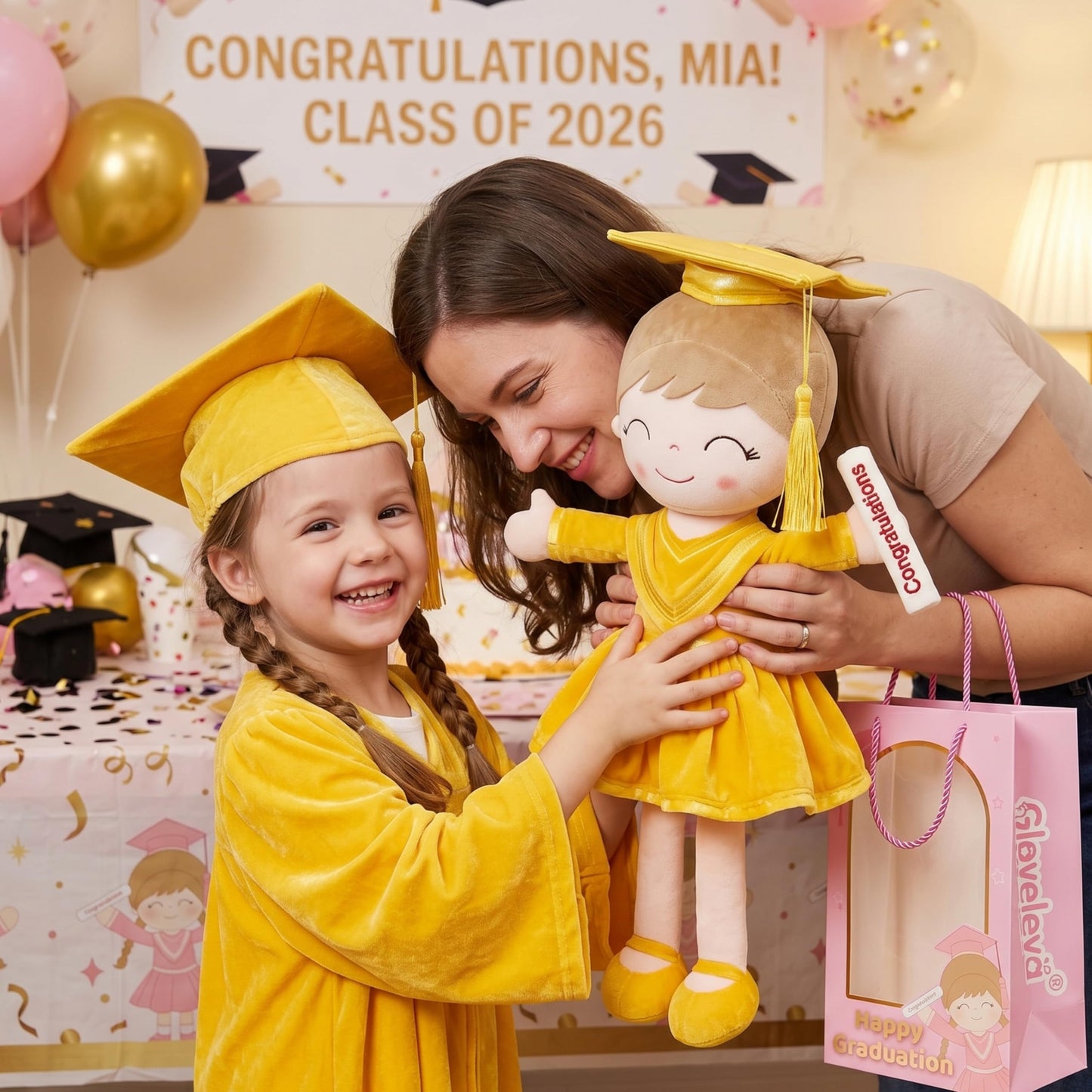 Gloveleya 16" Yellow Graduation Doll - Bright & Cheerful Plush Toy with Cap & Gown - Preschool Kindergarten Graduation Gift for Daughter, Class of 2026