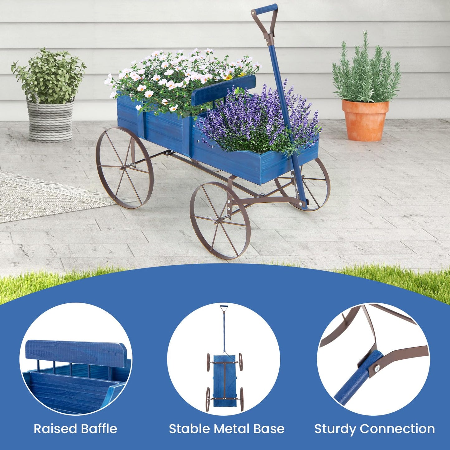 Goplus Wagon Planter, Decorative Wooden Garden Planter with Wheels, 2 Planting Sections and Adjustable Handle, Indoor Outdoor Backyard Balcony Decor (Blue)