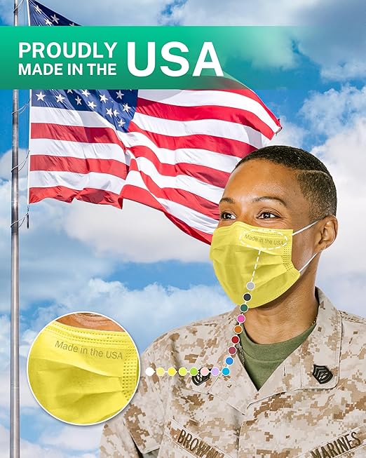 Disposable Face Masks Made in USA, 4 Ply for Families, Students, Breathable All-Day Wear & Safety, FSA HSA Eligible, ASTM Level 3 Medical Grade, 50 Pack, Bright Yellow