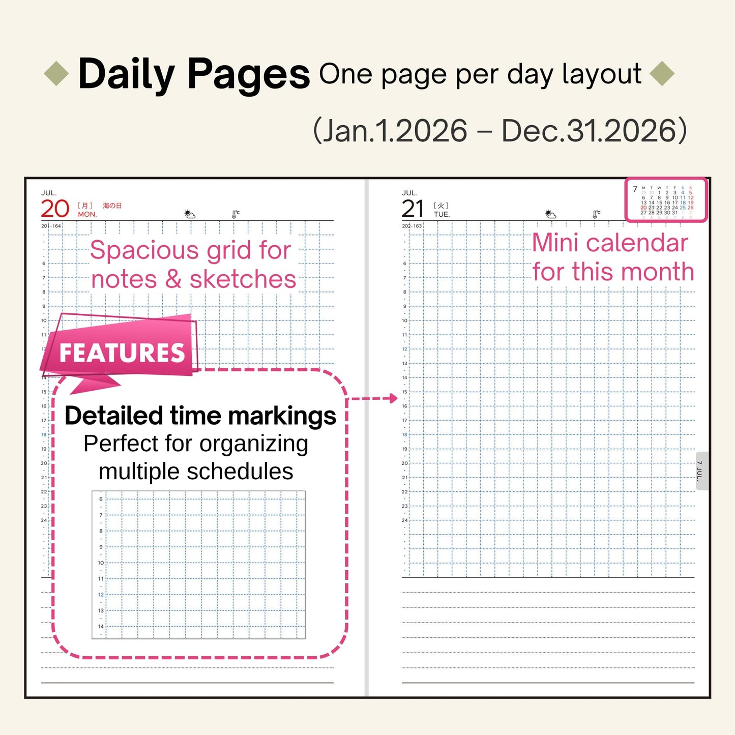 torinco 1（No.553）2026 Japanese Daily Planner (B6 Slim 4.7'' x 7.2'') 1 Page Per Day with Blue Grid + Monthly Split-Box Blocks, Easy-to-Use, Clean Layout for Everyday Planning - Milk Green