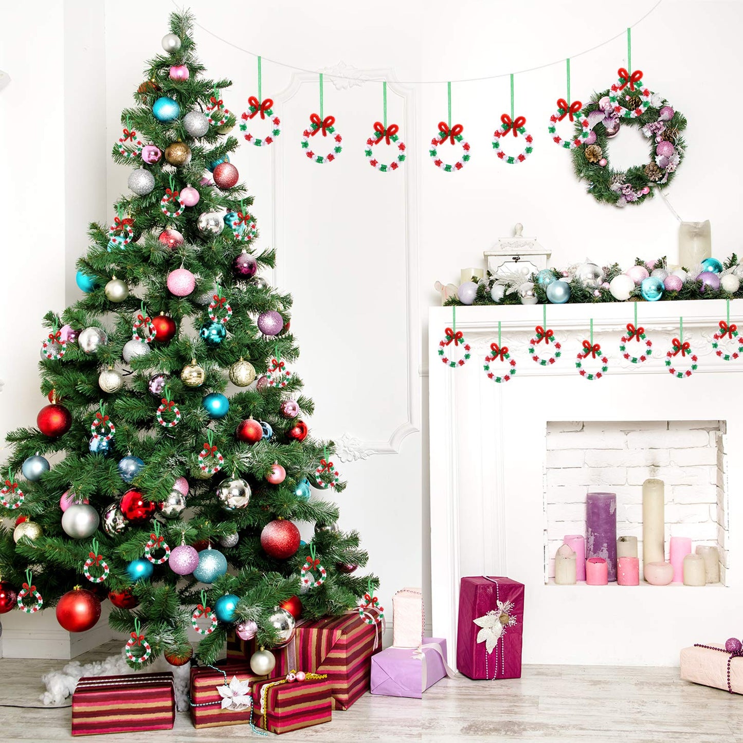 Livder Christmas Beads Wreath Cane Ornament Kit, 1500 Pieces Triangle Beads, 60 Pieces Chenille Stems, 64 Feet Ribbons for Xmas Craft House Tree Decorations