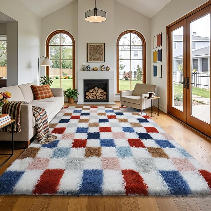 Large Shag Area Rug for Bedroom Living Room,8x10 Fluffy Soft Colorful Checkered Rug Fuzzy Shaggy Bedroom Carpet,Indoor Plush Floor Rugs for Kids Boys Girls Teen Dorm Nursery Home Decor
