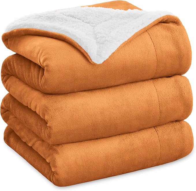 Bedsure GentleSoft Sherpa Fleece Blankets Queen Size for Bed - Thick and Warm, Soft Fuzzy Plush Queen Blanket for Winter, Orange, 90x90 Inches