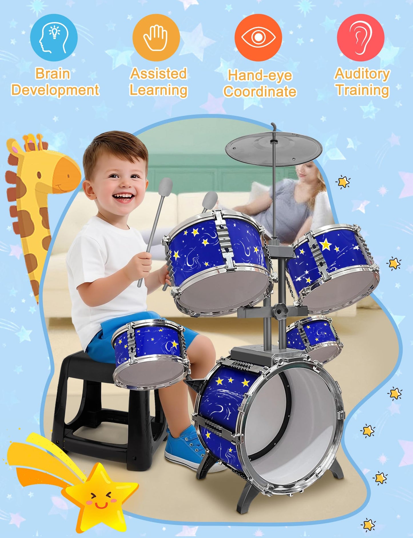 Upgraded Kids Drum Set for Toddlers Plastic Musical Jazz Drum Instruments Kit Birthday Musical Learning Toys for 4 5 6 Boys Girls, Starlight Blue