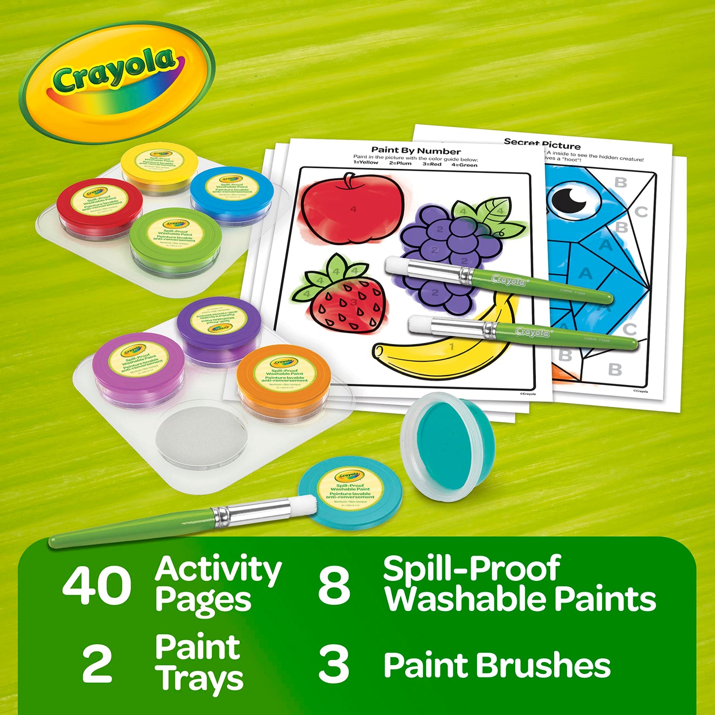 Crayola Spill Proof Paint Set (8ct), Washable Toddler Paint Kit, With Brushes, Pots, Activity Pages, Arts & Crafts Kit, Gift for Toddlers, Ages 3+