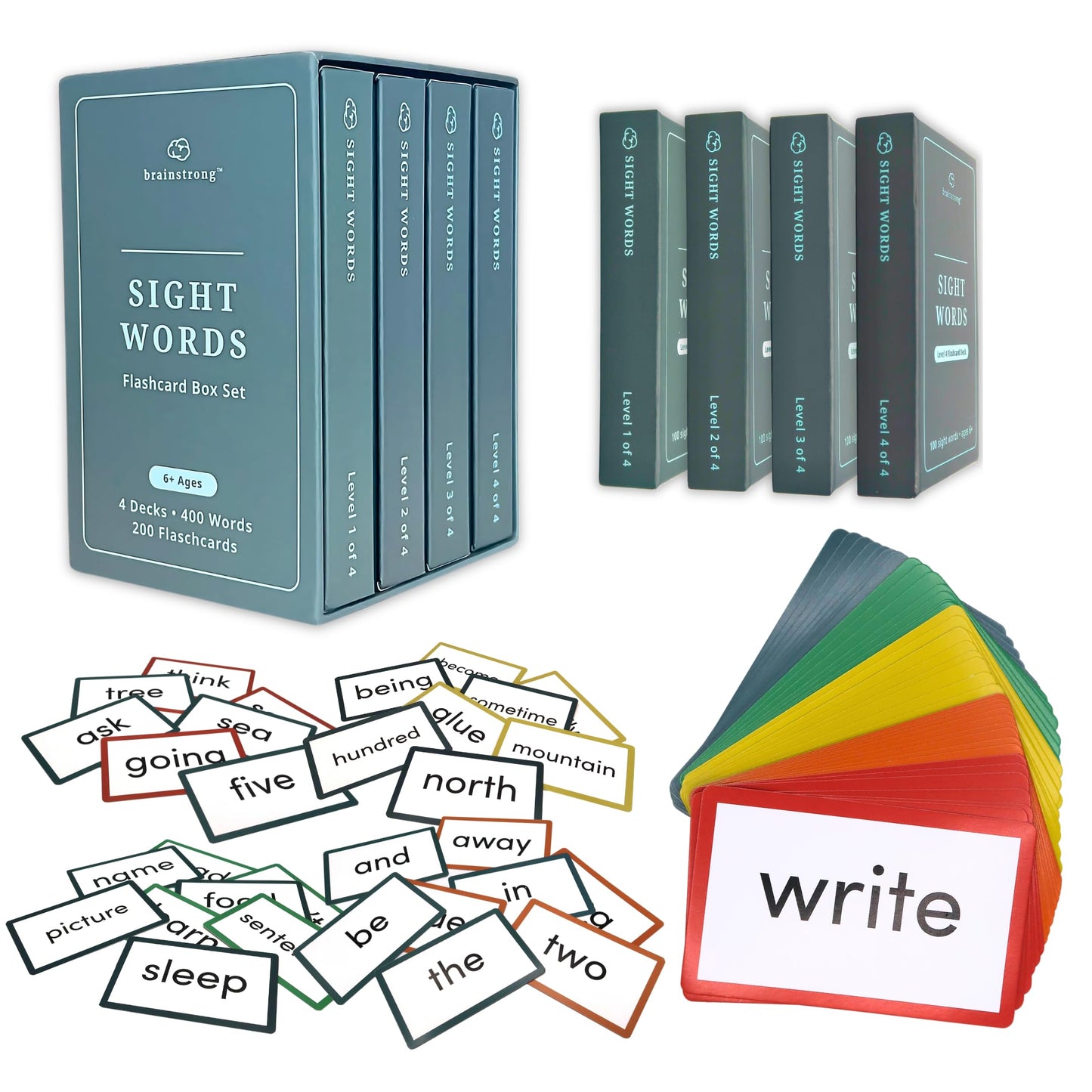 BRAINSTRONG 400 Essential Reading Sight Words | Ages 6-8 | Kindergarten - 2nd Grade | Build Vocabulary & Reading Skills | Premium 4-Level Box Set