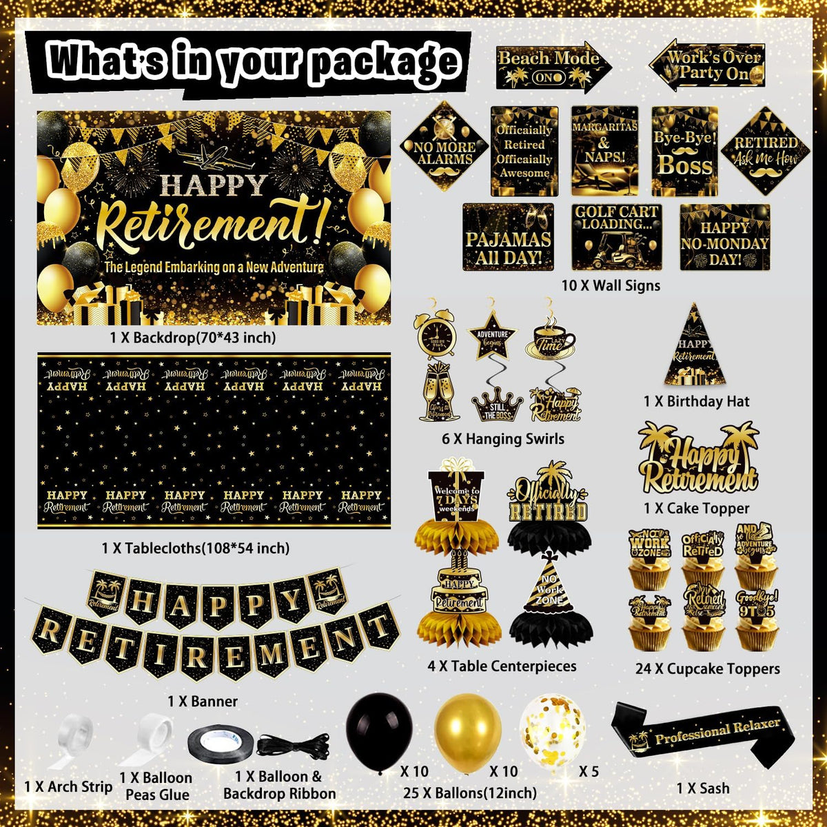 Mpanwen Retirement Party Decorations, 78 Pcs Gold Black Happy Retirement Men Party Decor Supplies for Women Men with Backdrop, Banner, Tablecloth, Centerpieces, Hanging Swirls, Sash, Hat, Wall Signs