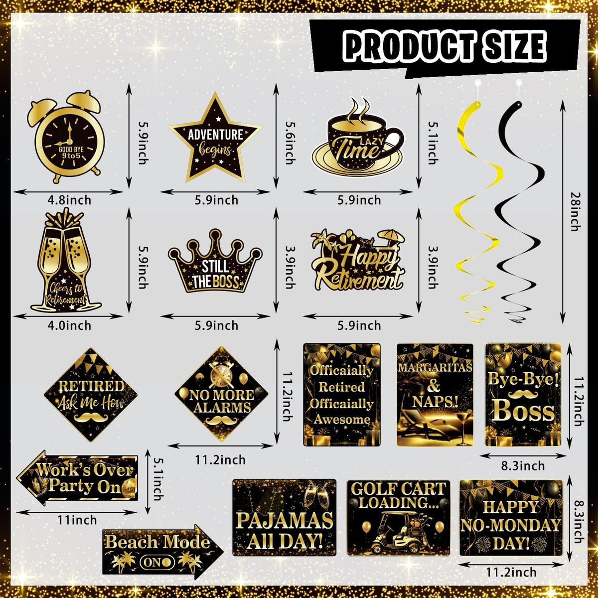 Mpanwen Retirement Party Decorations, 78 Pcs Gold Black Happy Retirement Men Party Decor Supplies for Women Men with Backdrop, Banner, Tablecloth, Centerpieces, Hanging Swirls, Sash, Hat, Wall Signs