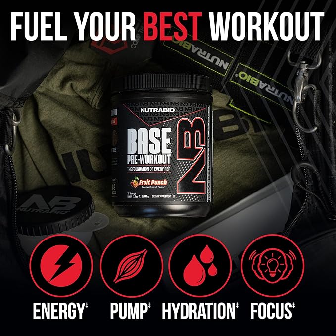NutraBio Base Pre-Workout Powder 200mg Caffiene, Sustained Energy, Focus, Endurance, Pump, Sugar Free, Clean Preworkout for Men and Women - Beta Alanine, L-Tyrosine, 30 Servings - Lemon Lime