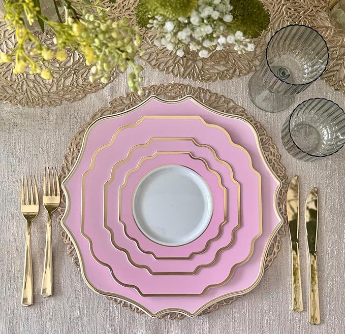 " OCCASIONS " 40 Pieces 13.25'' Scalloped Disposable/Reusable Plastic Charger Plates for Wedding, (Scalloped Imperial Light Pink & Gold)