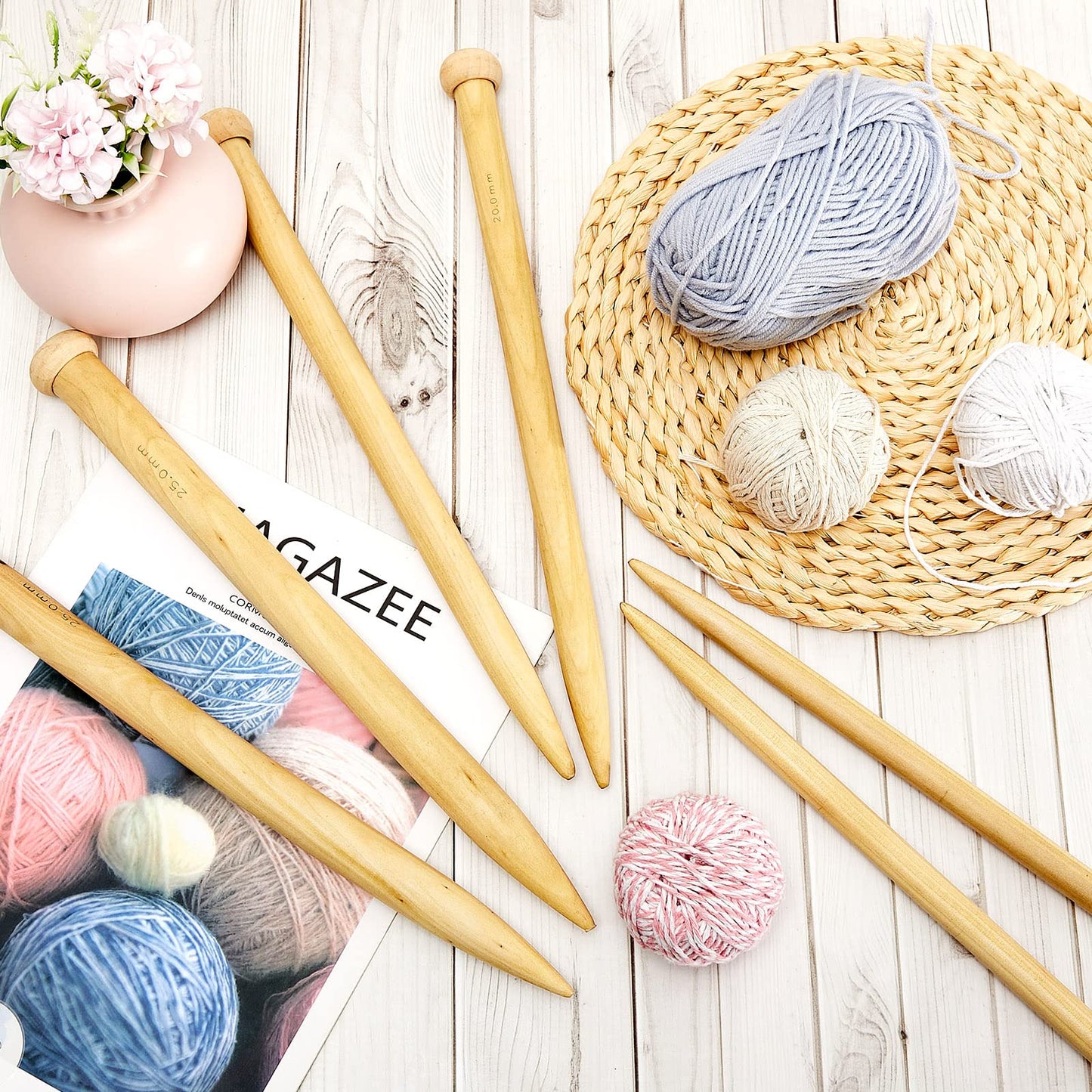 MTLEE 6 Pcs Large Knitting Needles Jumbo Straight Wooden Knitting Needles 3 Sizes Extra Large Weaving Tool for Chunky Yarn Beginner DIY Fabric Crafts Crochet 15mm 20mm 25mm (Natural)
