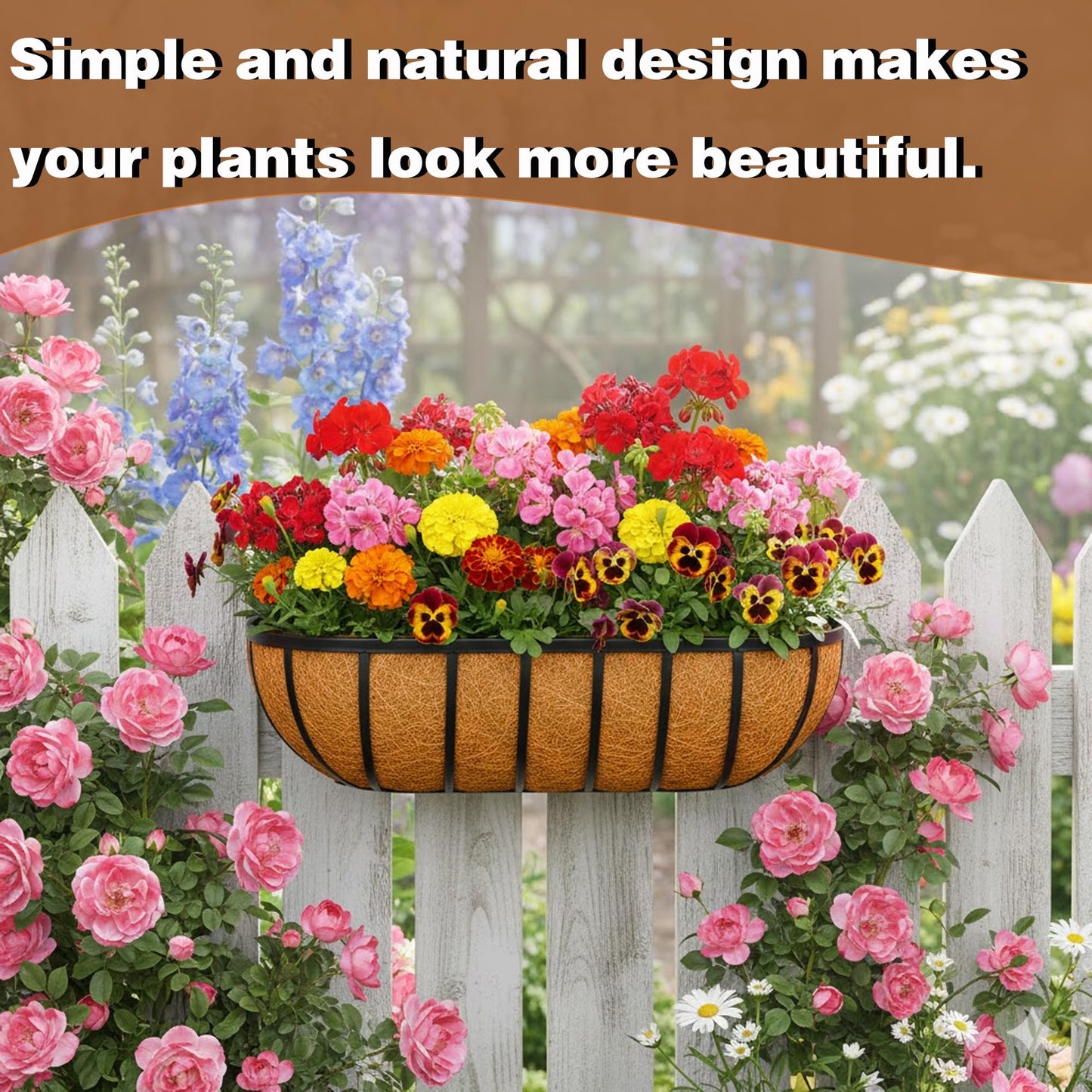 JFFLYIT 2 Pcs 24“ Railing Planter Window Box Deck Railing Planter Boxes with Coco Liner English Horse Trough Planters Metal Wall-Mounted Planters Basket for Outdoor Balcony Porch Fence Patio Rail
