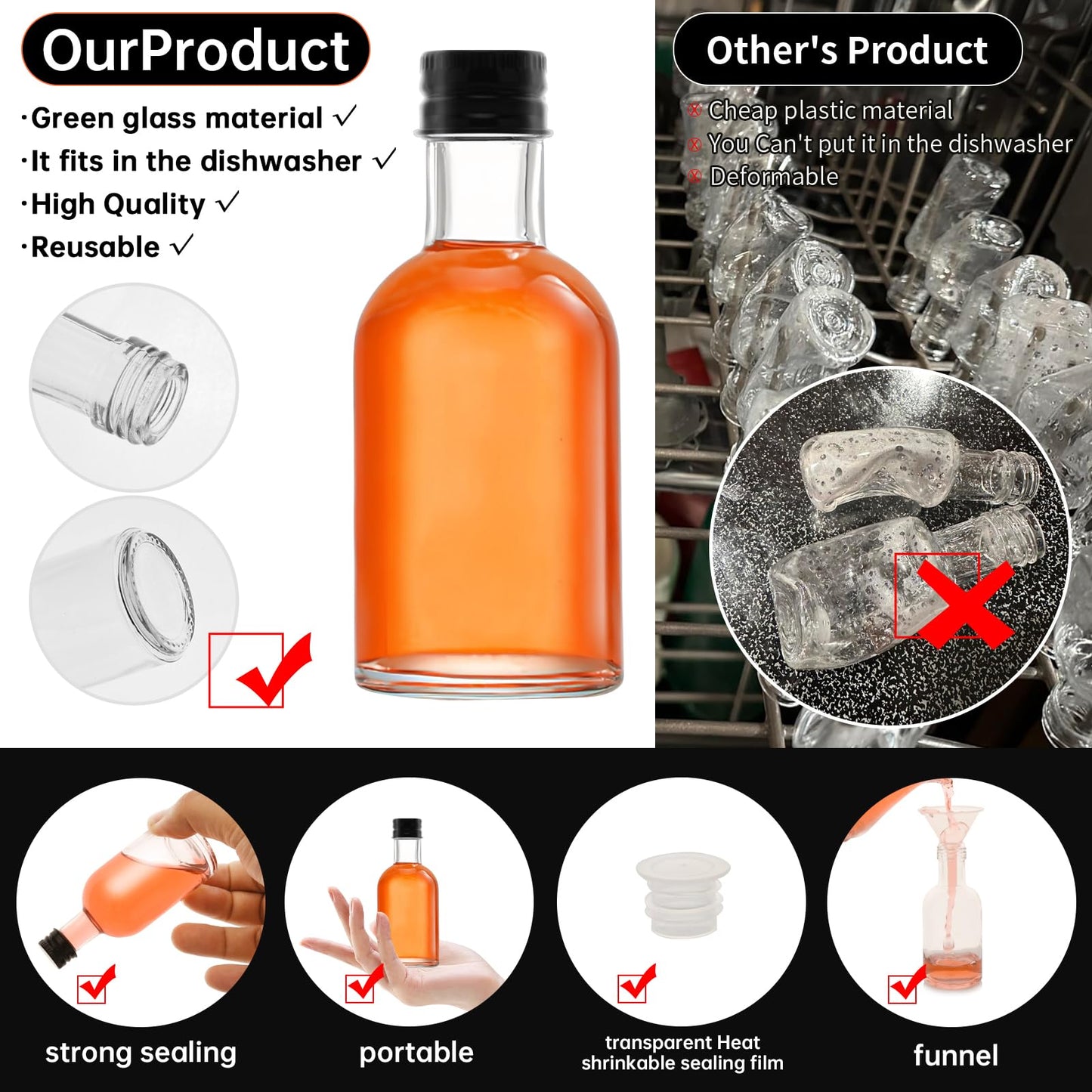 eispap 12pcs 1.7 OZ Mini Glass Liquor Bottles with Lids Small Glass Wine Bottle Reusable Empty Alcohol Bottles with Aluminum Black Screw Cap (12)