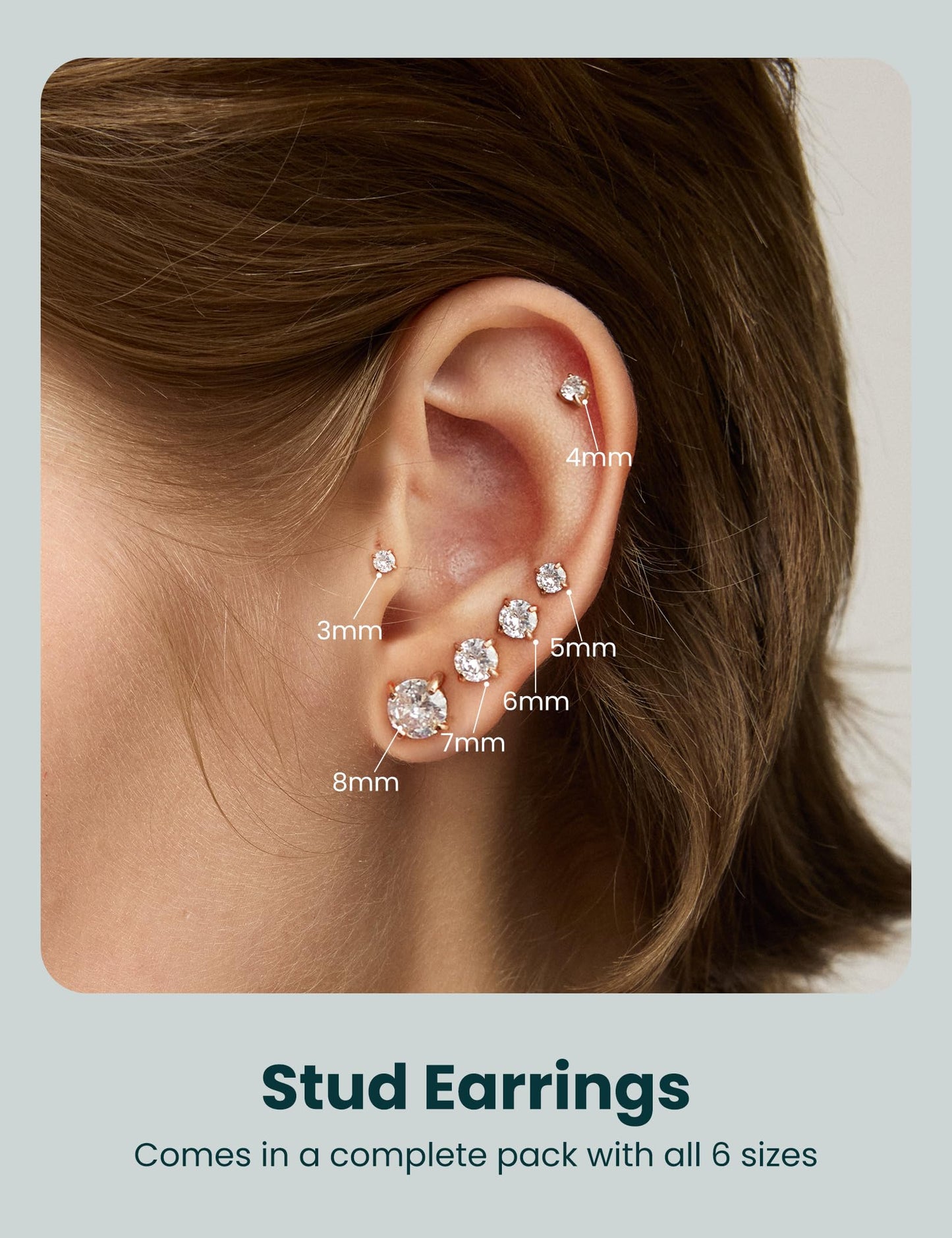 6 Pairs Stud Earrings Hypoallergenic Cubic Zirconia 316L Earrings Stainless Steel CZ Earrings Set 3-8mm (Rose gold)