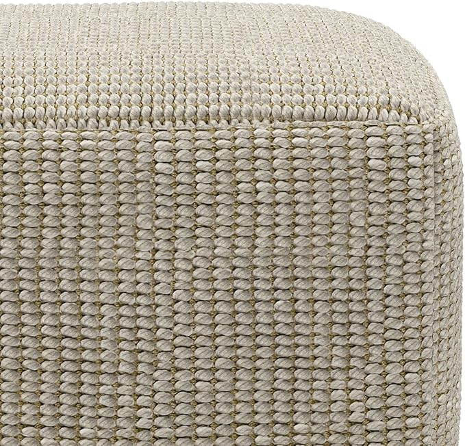 SIMPLIHOME Zelma Square Pouf – 18 inch Wide Upholstered PET Polyester Ottoman in Cream and Natural, Boho Indoor/Outdoor Footstool or Extra Seating for Living Room, Bedroom, or Patio, Assembled