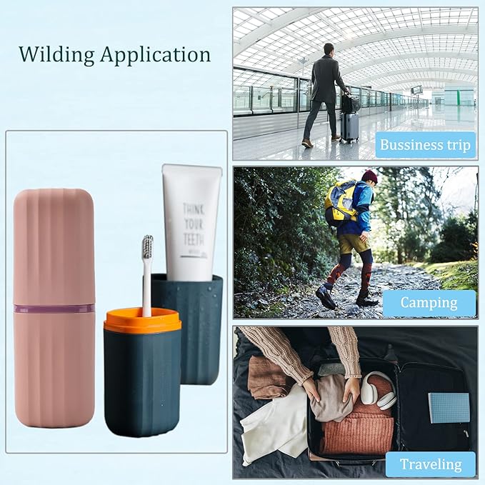 2Pcs Travel Toothbrush Cup Case, Portable Toothbrush Holder Case for Traveling, Camping, Business Trip and School, Plastic Toothbrushes Toothpaste Set with Two Colors (Navy blue and Lotus color)
