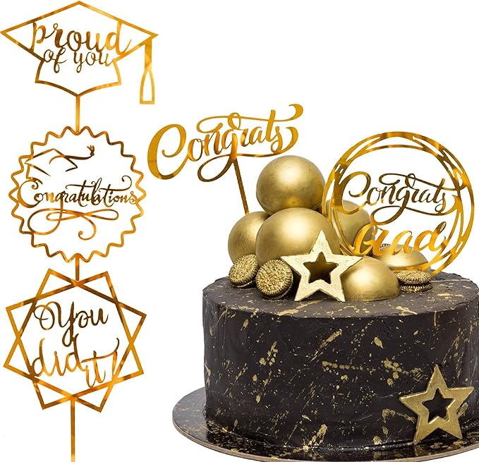 Whaline Graduation Cake Topper Gold Acrylic Cake Topper Congrats Grad You Did It Congratulations 5 Design Table Centerpiece Sticks Grad Party Food Appetizer Picks for Cakes Decor Supplies, 10pcs