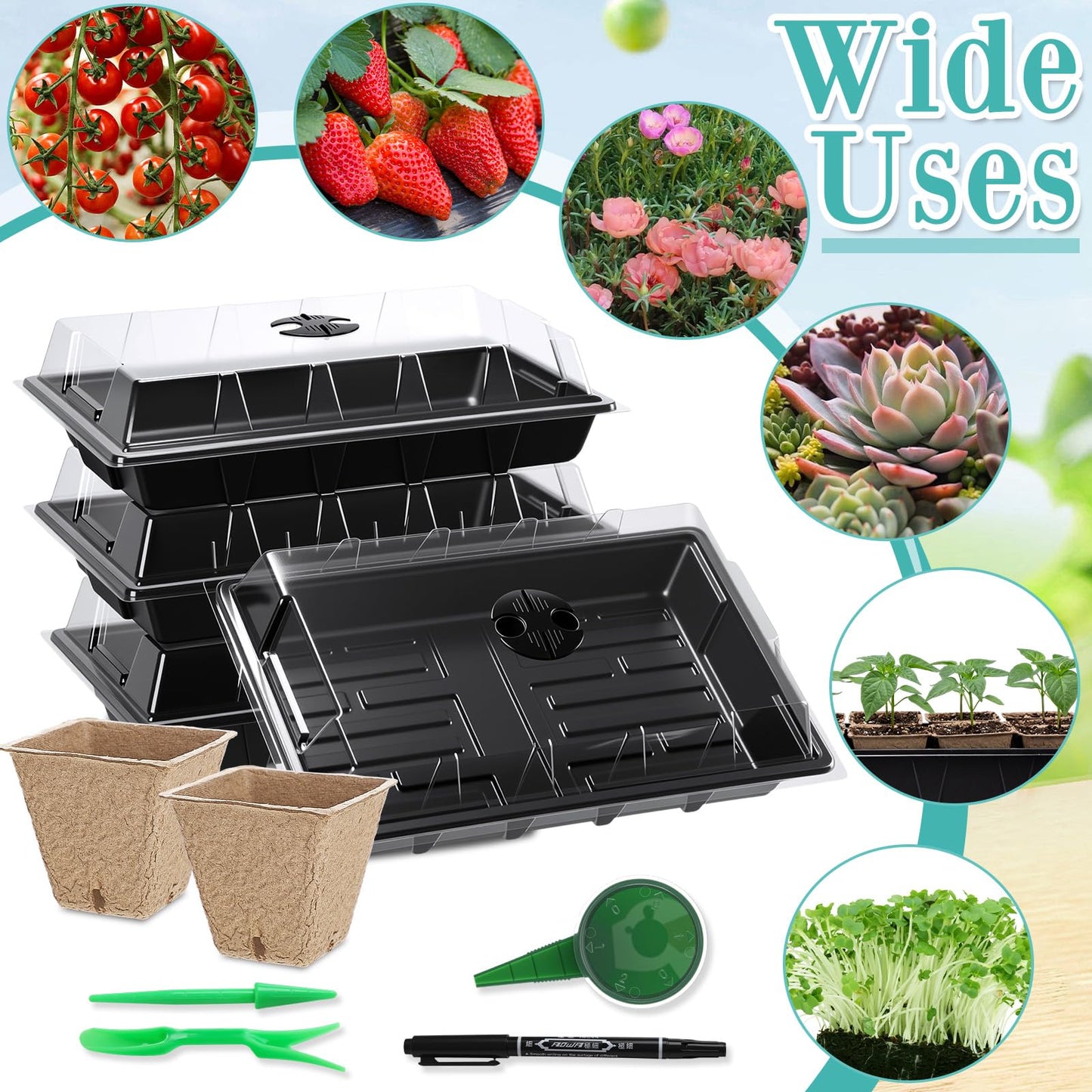 Baderke 8 Sets Seed Starter Tray Kit Including 120 Peat Pots for Seedlings 8 Plastic Growing Trays with Dome 120 Plant Labels and 4 Garden Tools for Outdoor Indoor Garden Plant