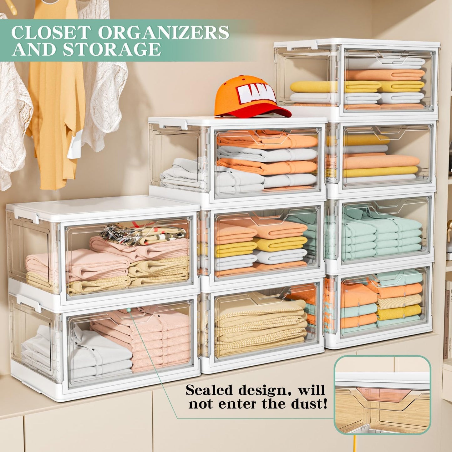 Kmiectse Clear Storage Bins with Lids - 4 Tier Plastic Bins with Wheels, Stackable Storage Bin, Closet Organizers Box for Bedroom, Living Room, 23 QT Folding Box with Magnetic door