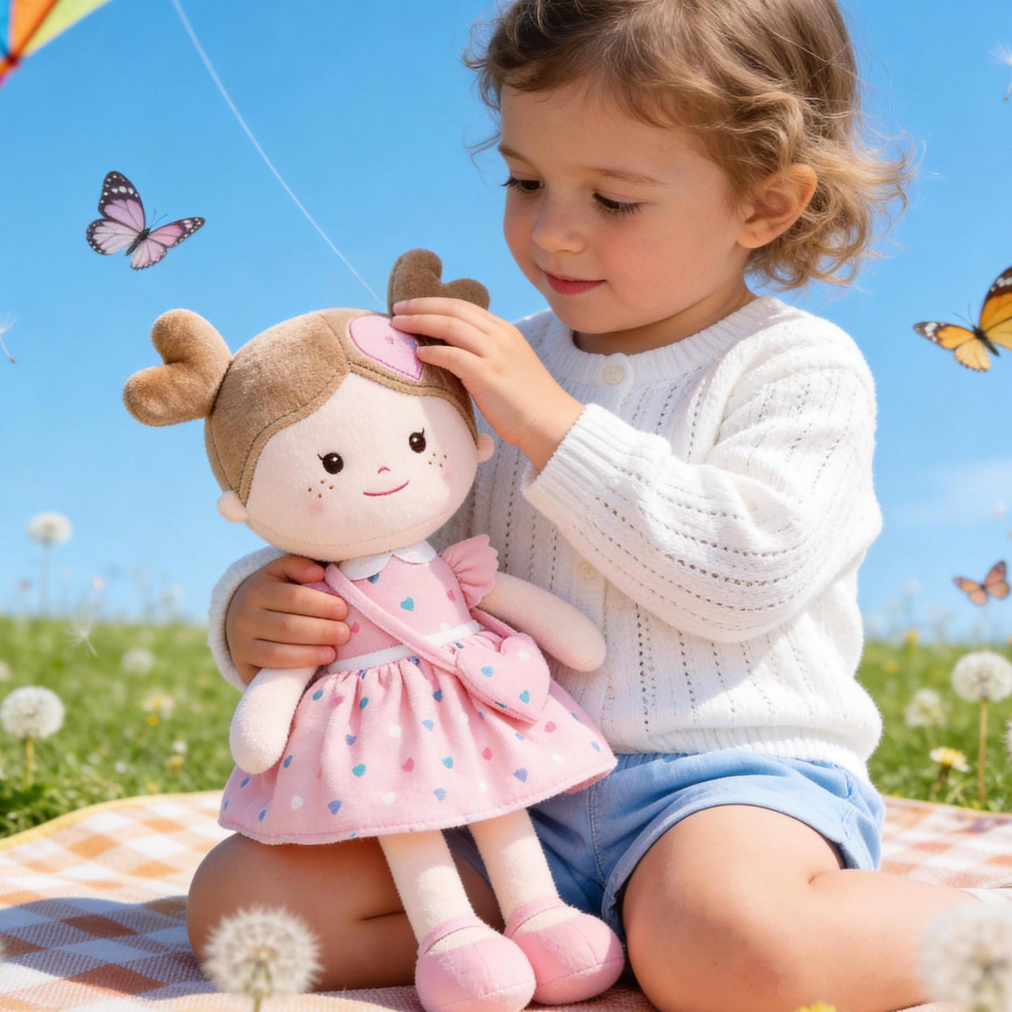 Onetoo First Baby Dolls Plush Rag Doll Soft Baby Toy Girls Sleeping Cuddle Buddy Doll Wear Pink Dress 14"