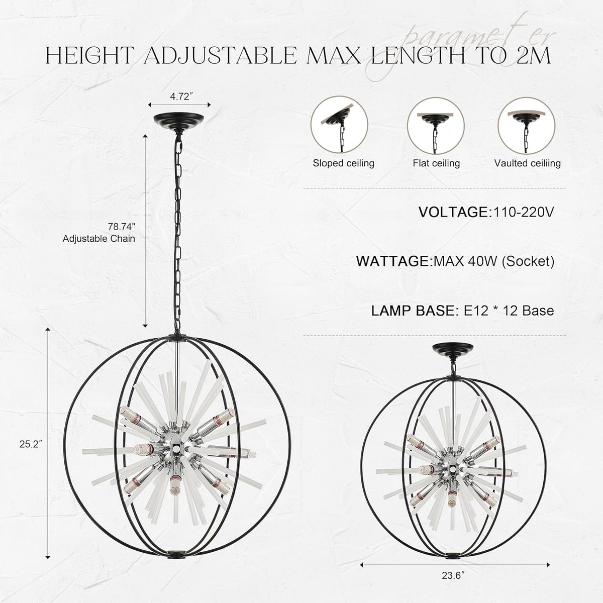 23.6" Black Chrome 12-Light Globe Sputnik Chandelier Modern Adjustable Hanging Ceiling Glass Tube Pendant Light Fixture for Entryway Foyer Staircase Dining Living Room Hallway