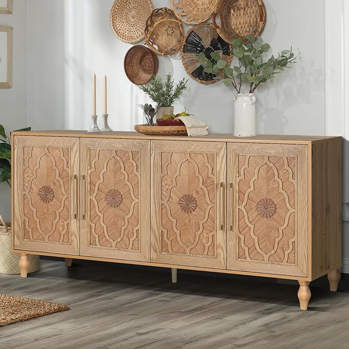 Sideboard Buffet 63" Credenzas for Living Room, Entryway Table with Storage Cabinet Natural Wood Color, Carved Flowers Doors & Cable Holes