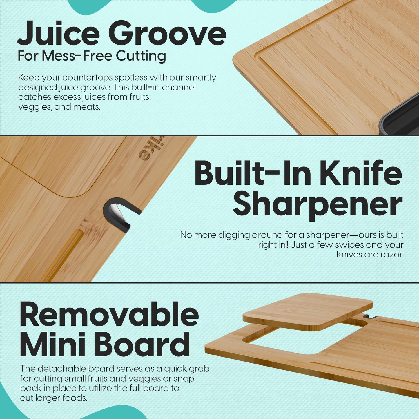 TerraStrike Bamboo Cutting Board Set with Knife Sharpener – Thick Wood Boards with Juice Groove, Silicone Container & Handles Non-Toxic Over Sink Design Ideal Kitchen Gifts