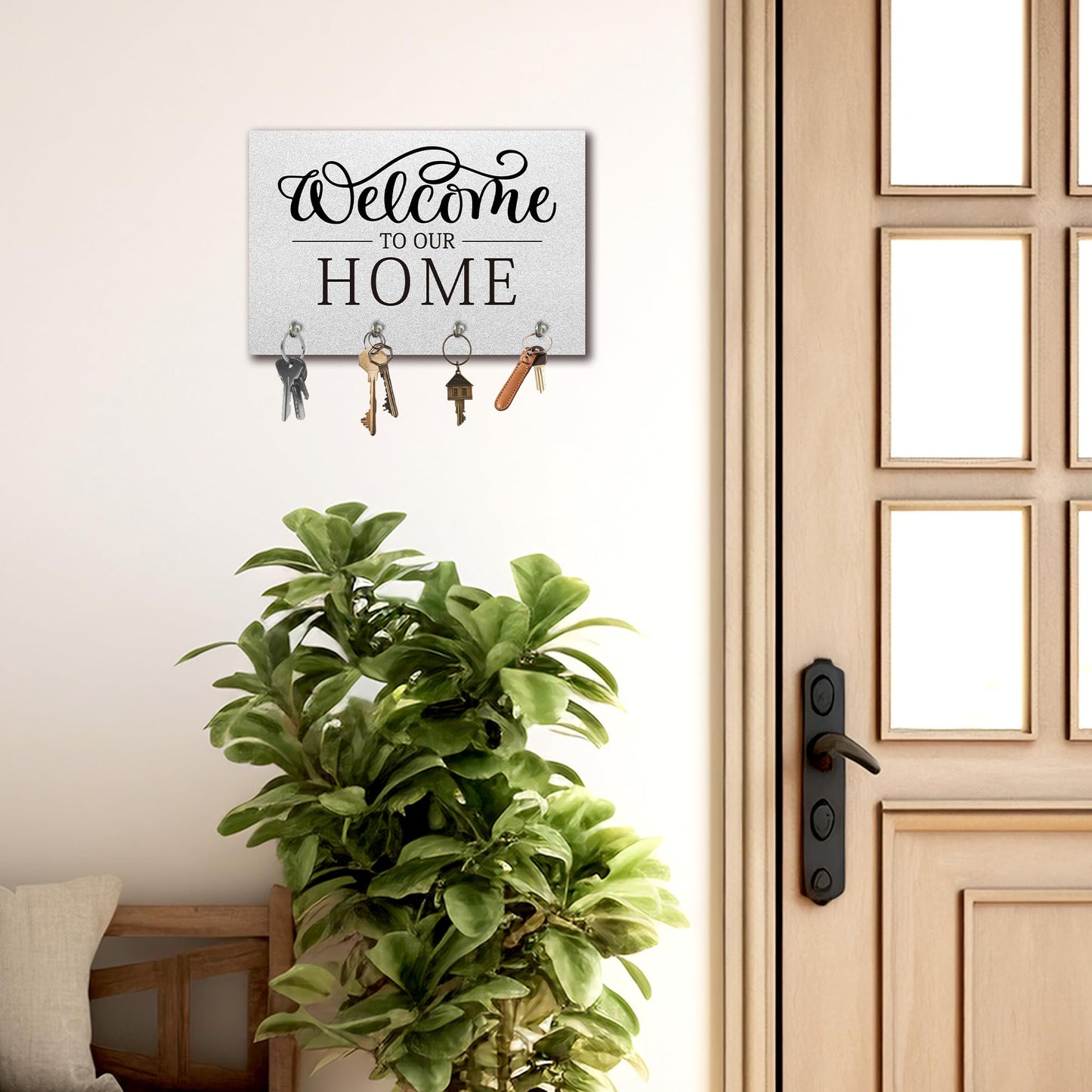 Rdtcgvss 9" x 6" Gray Solid Wood Wall-Mounted Key Holder - Welcome to Our Home - with 4 Metal Hooks for Easy Hanging, Suitable for farmhouses, Homes, bedrooms, Wall Decorations & Gifts (1 Pcs) - A08