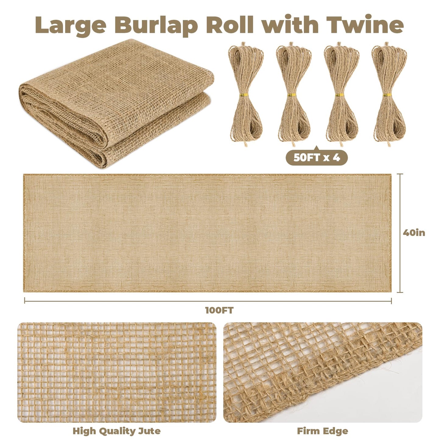 Whmayai 40" x 100 Ft Natural Burlap Fabric Roll with 4 Free Jute Twines - Garden Burlap Wrap for Trees, Winter Plant Protection, Weed Barrier, Raised Bed Liners, Craft & Aisle Runner