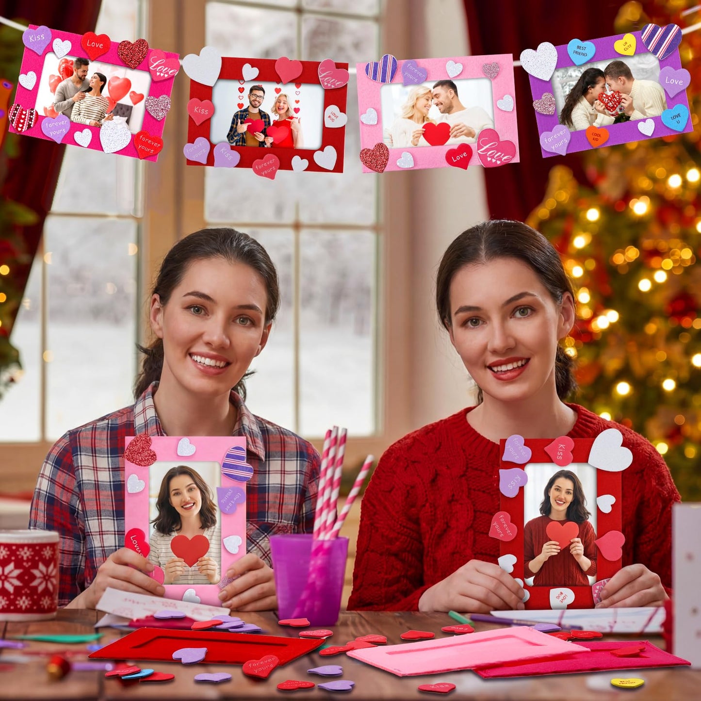 Ferraycle 232 Pieces Valentines DIY Picture Frames Craft Kit 32 Pcs Photo Frames with 200 Pcs Heart Shaped Foam Stickers for Valentine‘s Day, Craft Art, Home Decor(Rectangular Shape)