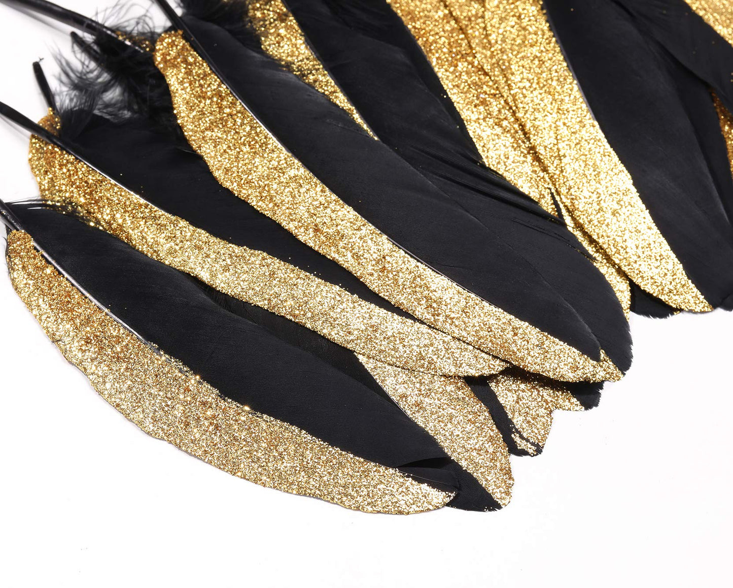 BABEYOND 42 Pcs 1920s Gatsby Gold Dipped Feather Natural Décor Glitter Feather for 20s Party Decoration Wedding Decoration (Black & Gold)