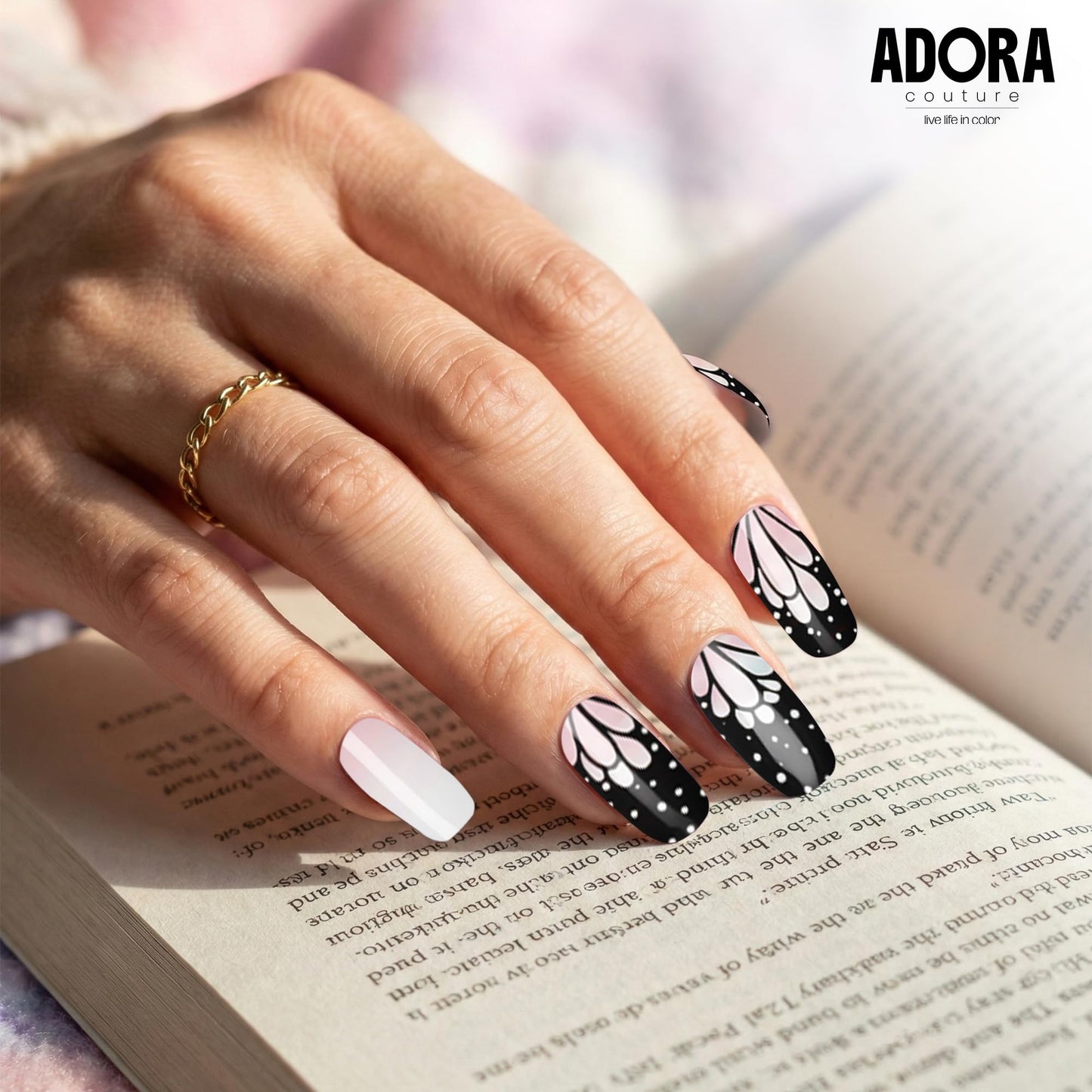 Adora Couture Semi Cured Gel Nail Strips with 30 Pieces - UV Gel Stickers, Manicure Kit, Easy Application Wraps Includes Prep Pads, Nail File, Wooden Stick - UV Light Required (Night Moth)