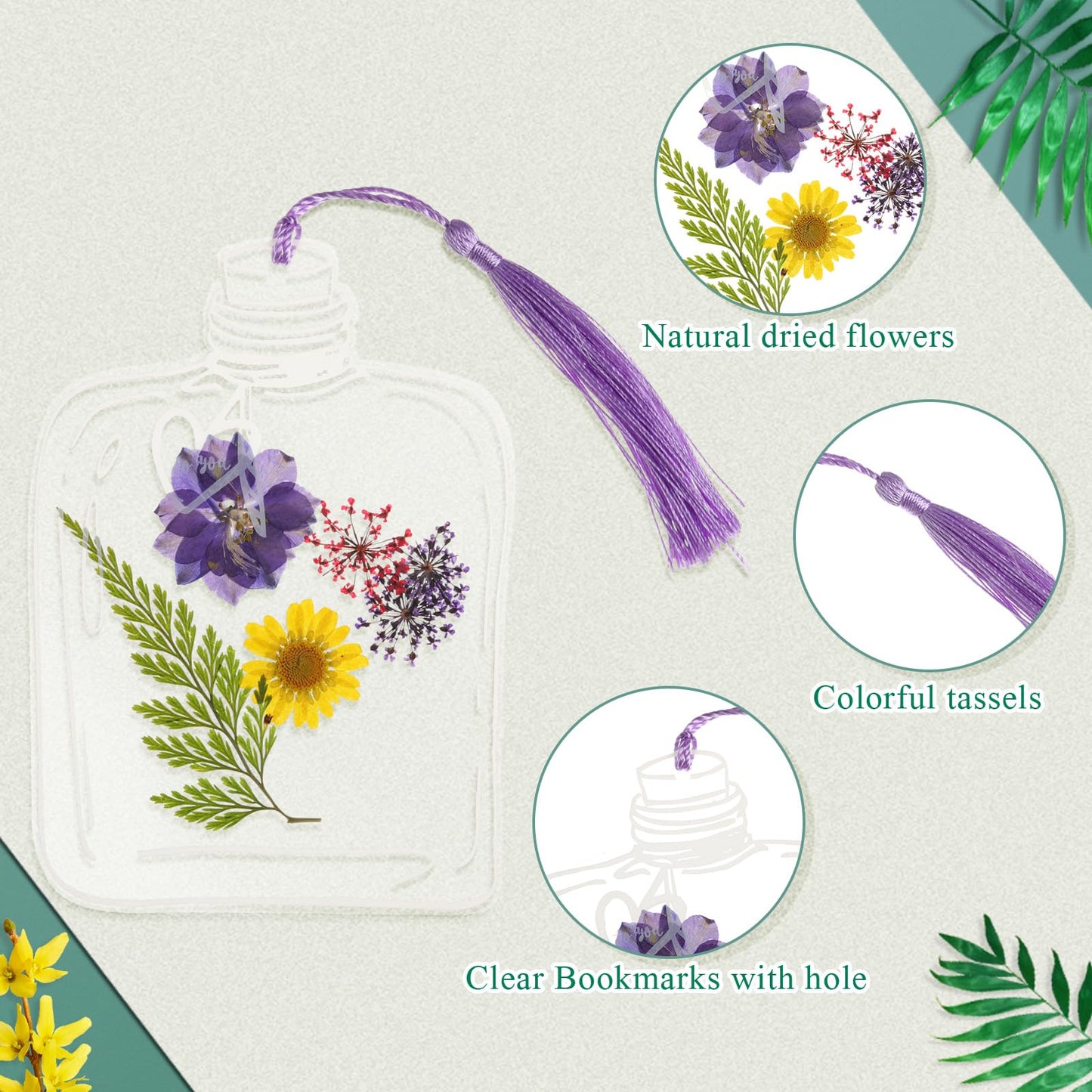 TaoBary 161 Pcs DIY Transparent Dried Flower Bookmark Set Include Clear Bookmarks Dried Flowers Colorful Tassels and Tweezer Handmade Dried Floral Bookmark for Reader Book Bottle(Pretty)