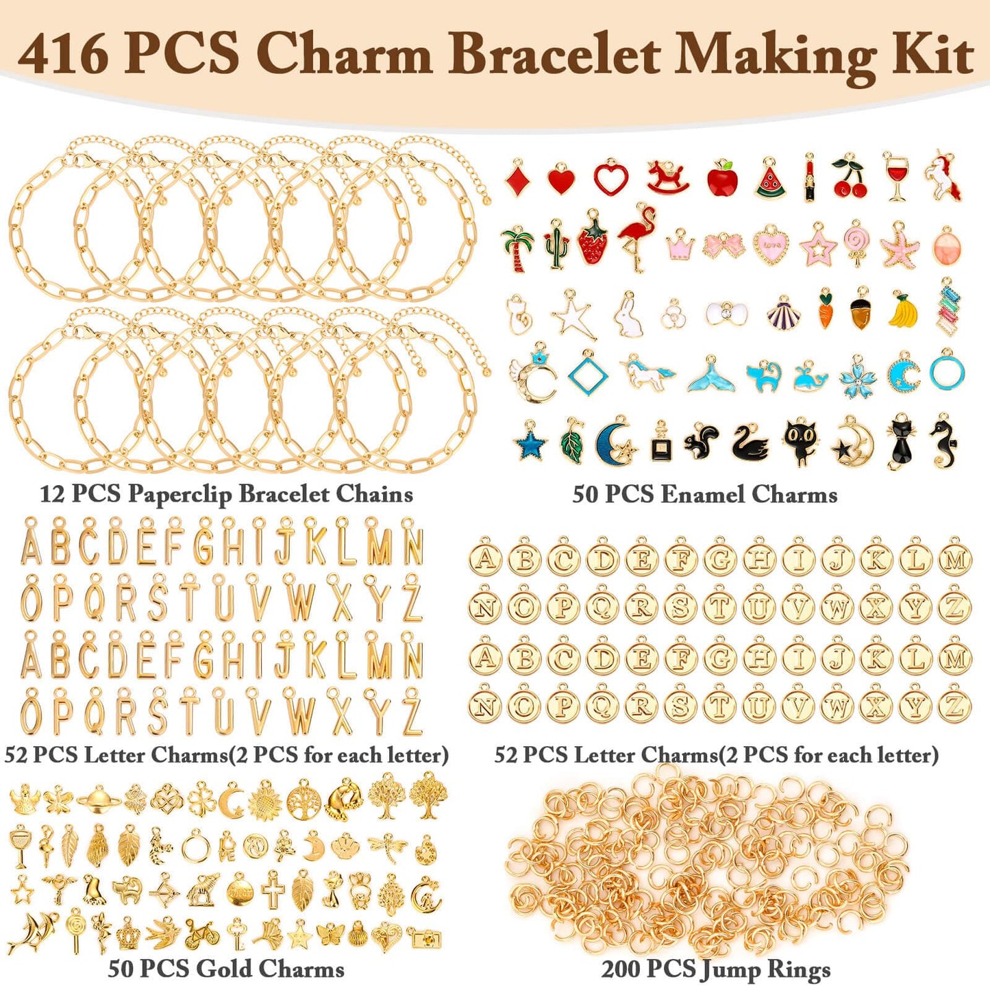 Flasoo 416 Pieces Gold Charm Bracelet Making Kit, Including Paperclip Chain Bracelets, Charms, Jump Rings for Jewelry Making