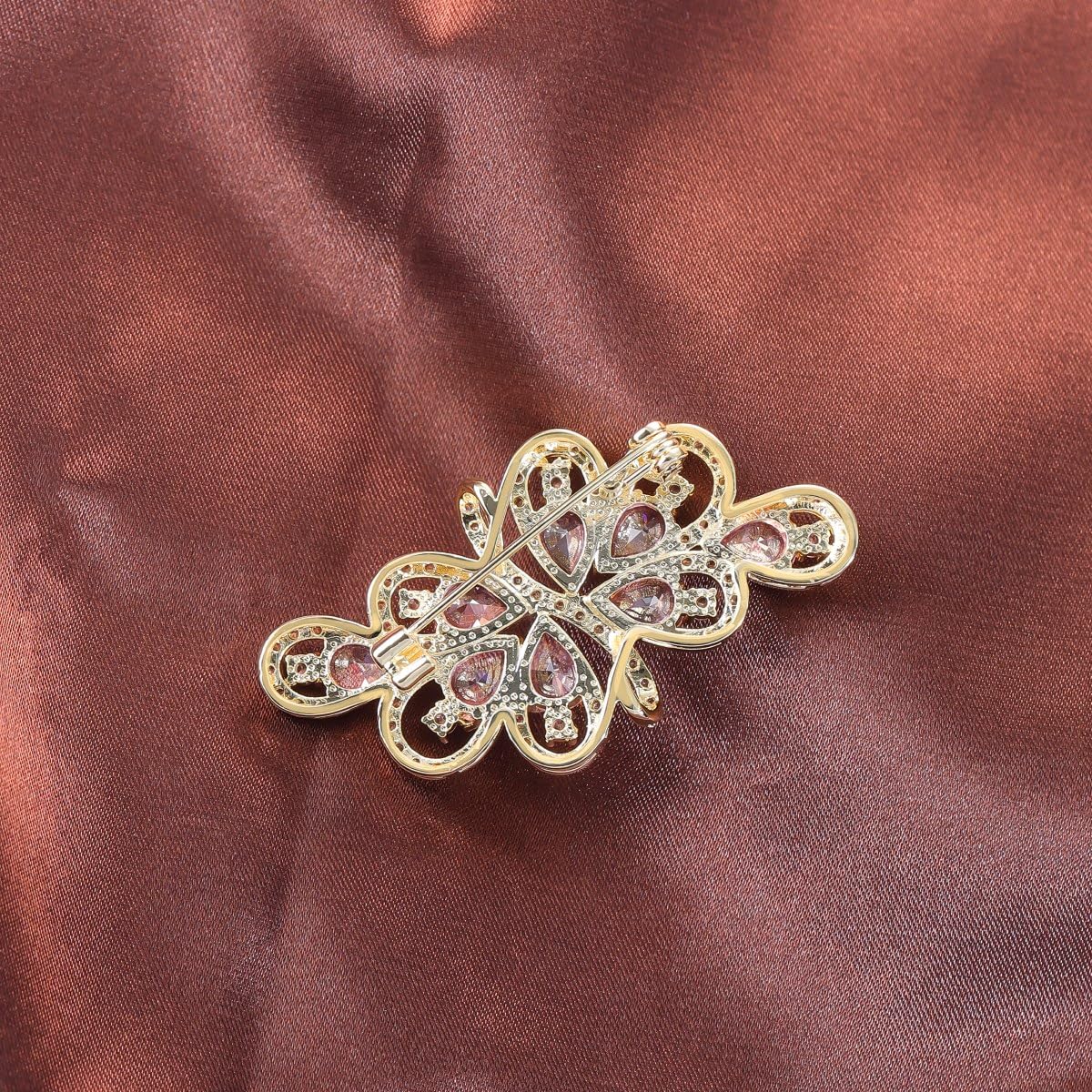 YOQUCOL Vintage Pink Zircon Crystal Rhinestone Bowknot Shape Brooch Pin For Women Golden Tone