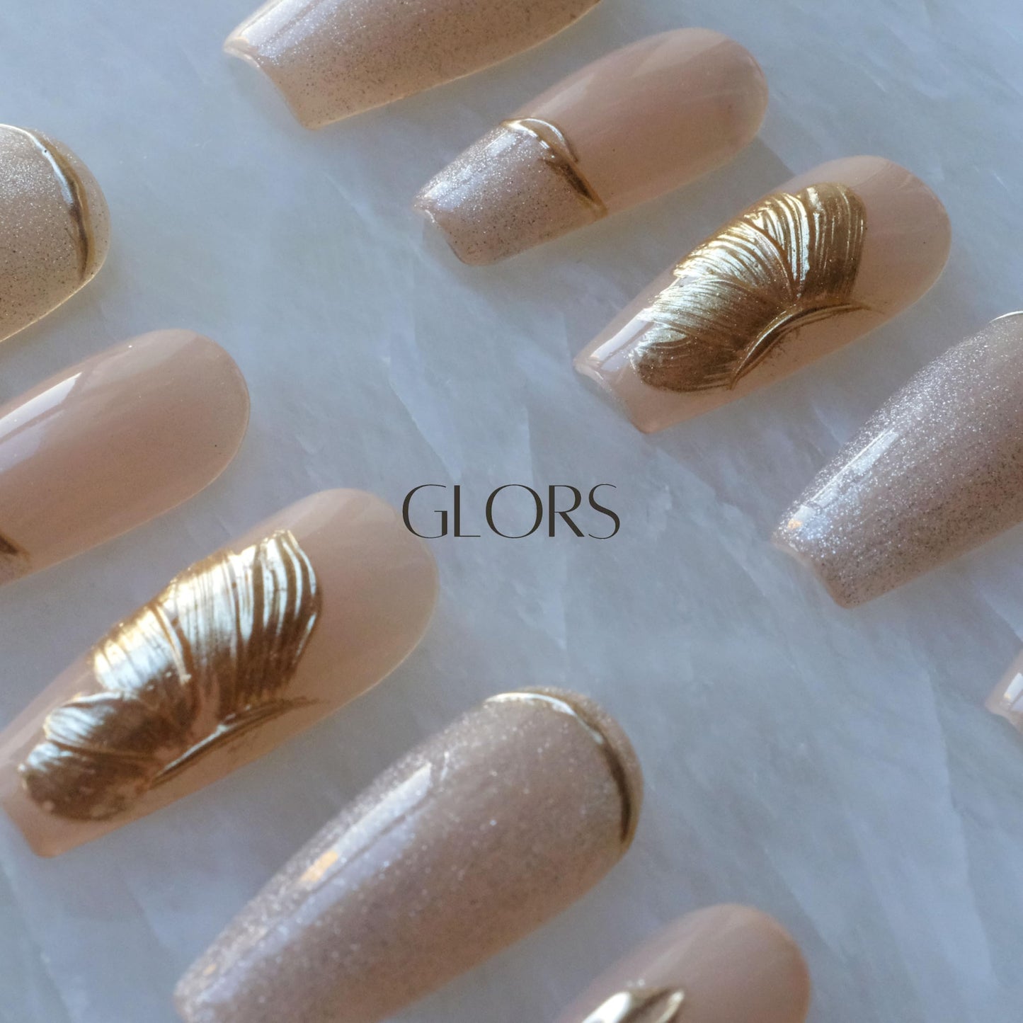 GLORS Press On Nails, Long Ballerina Style, Nude Pink with Gold Accents, 10 Pieces (Small,LB)