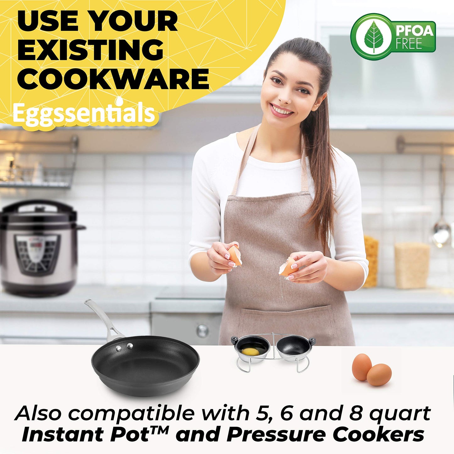 Eggssentials Egg Poacher Insert Stainless Steel Poached Egg Cooker Eggs Poaching Cup PFOA Free Egg Poachers Nonstick, 6.25" Rack Compatible with Skillet Instant Pot Pressure Cooker, 2 Poached Cups