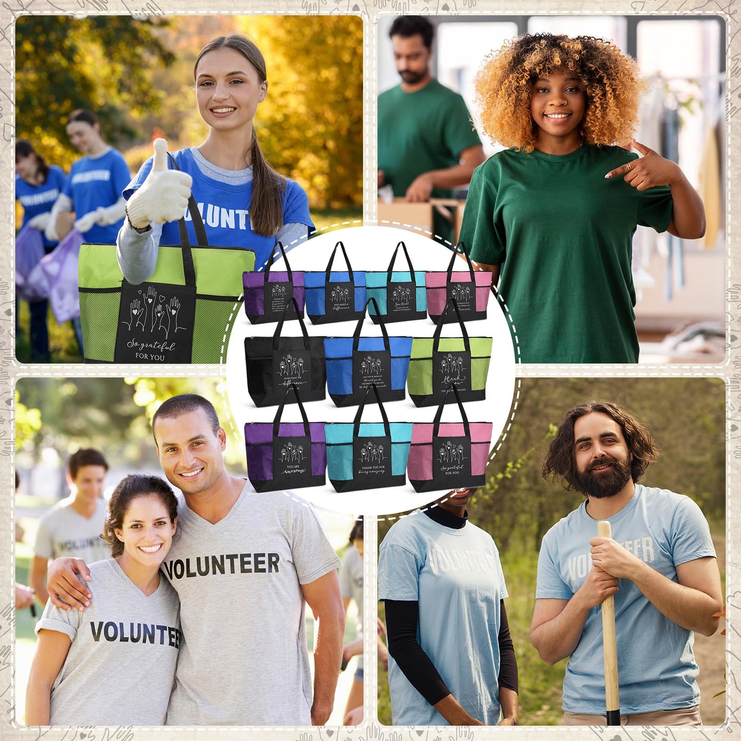 Paterr 10 Pcs Volunteer Appreciation Gifts Bulk Large Tote Bags with Zippered Mesh Pocket Inspirational Gift for Women Men(Multicolor)