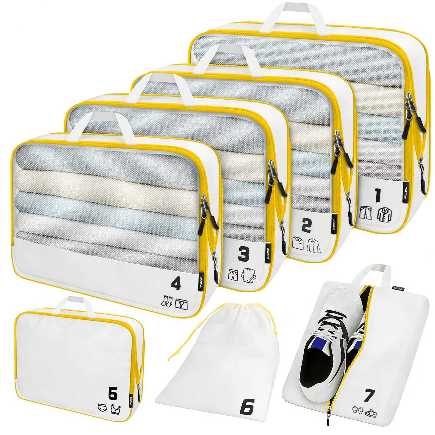 7 Set Compression Packing Cubes Travel Accessories Expandable Packing Organizers (White)